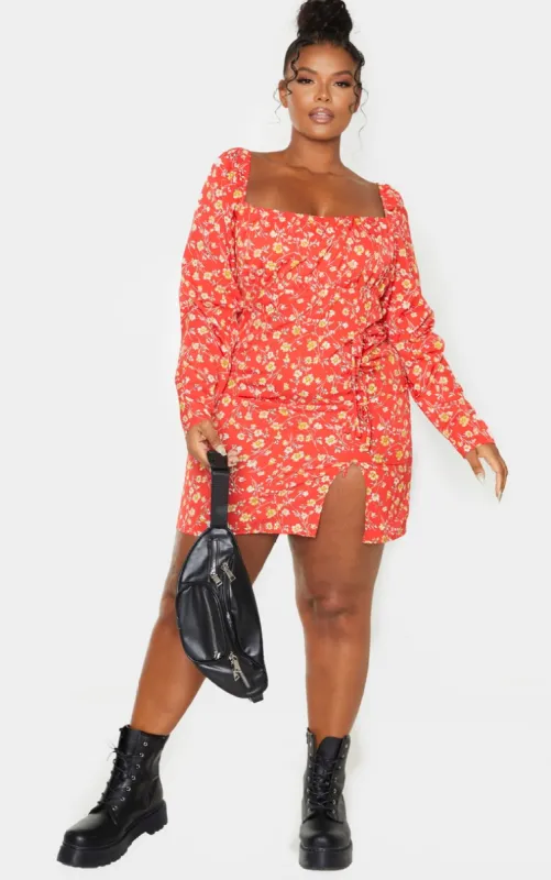 Plus Red Ditsy Floral Bow Detail Side Split Bodycon Dress sold by Pretty Little Thing