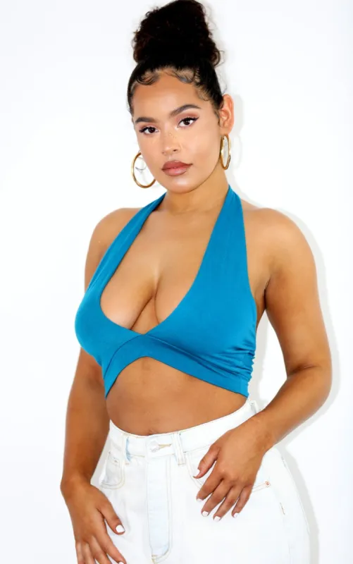 Aqua Halterneck Jersey Crop Top sold by Pretty Little Thing