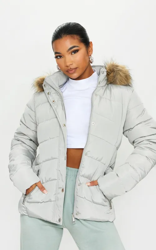 Grey Quilted Mara Faux Fur Hooded Puffer Jacket sold by Pretty Little Thing