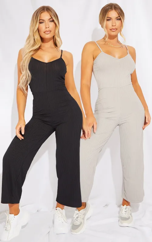 Black & Grey 2 Pack Ribbed Culotte Jumpsuit sold by Pretty Little Thing