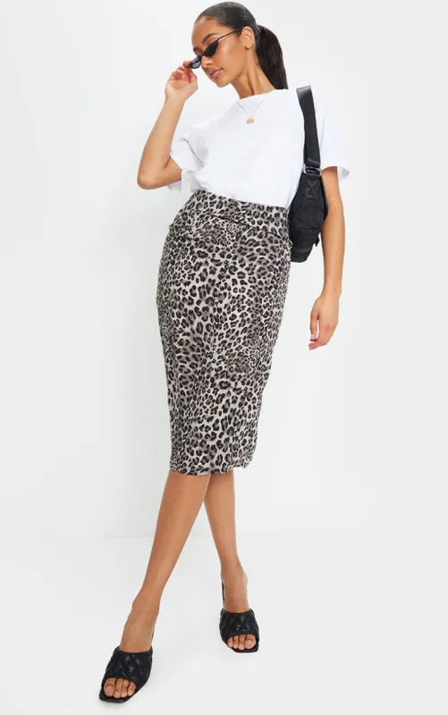 White Leopard Split Back Satin Printed Midi Skirt sold by Pretty Little Thing