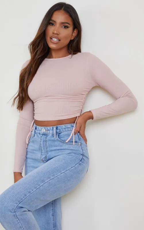 Mauve Rib Underbust Drawstring Long Sleeve Crop Top sold by Pretty Little Thing