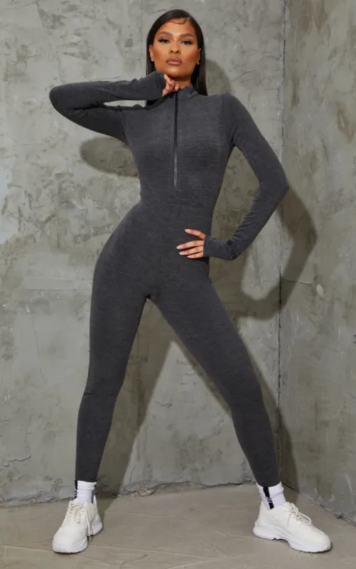 PRETTYLITTLETHING Charcoal Embroidered Cuff Rib Catsuit sold by Pretty Little Thing