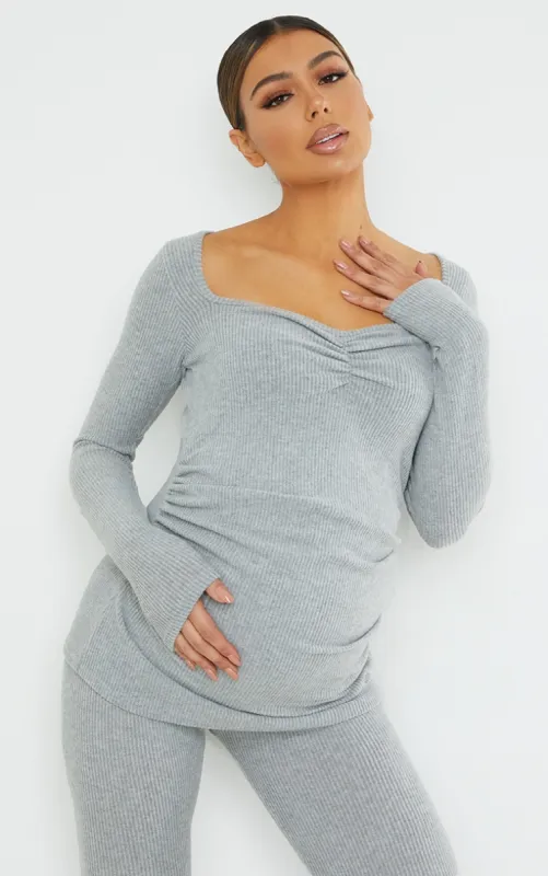 Maternity Grey Ruched Bust Brushed Rib Top sold by Pretty Little Thing