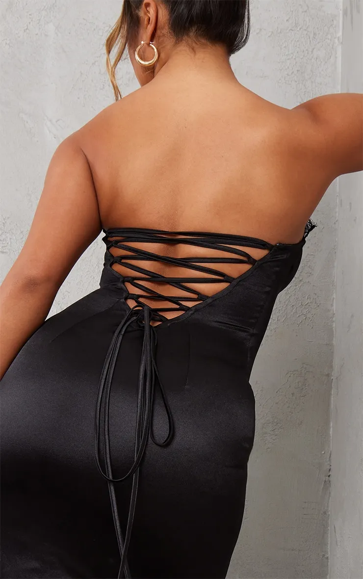 Shape Black Satin Lace Trim Tie Back Maxi Dress sold by Pretty Little Thing product image thumbnail 4