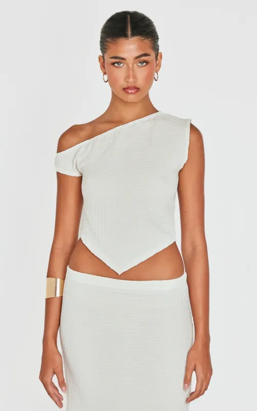 Beige Textured Asymmetric Off The Shoulder Top made by Pretty Little Thing