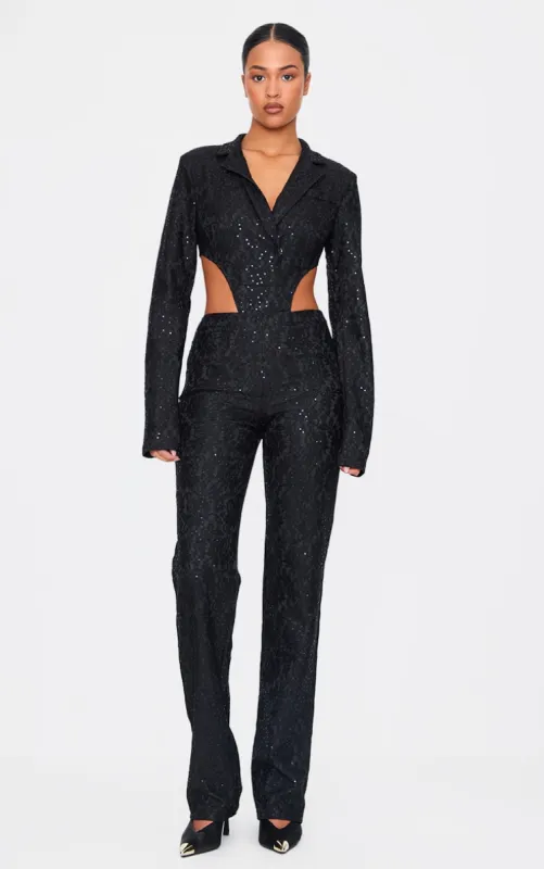 Tall Black Sequin Lace Straight Leg Trousers sold by Pretty Little Thing