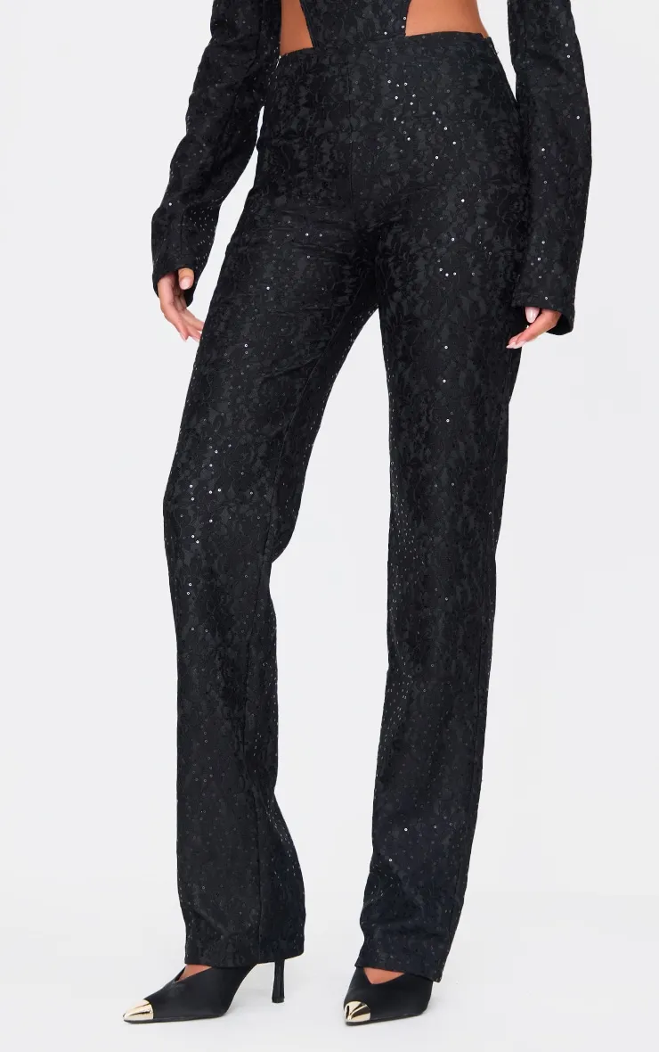 Tall Black Sequin Lace Straight Leg Trousers sold by Pretty Little Thing product image thumbnail 2