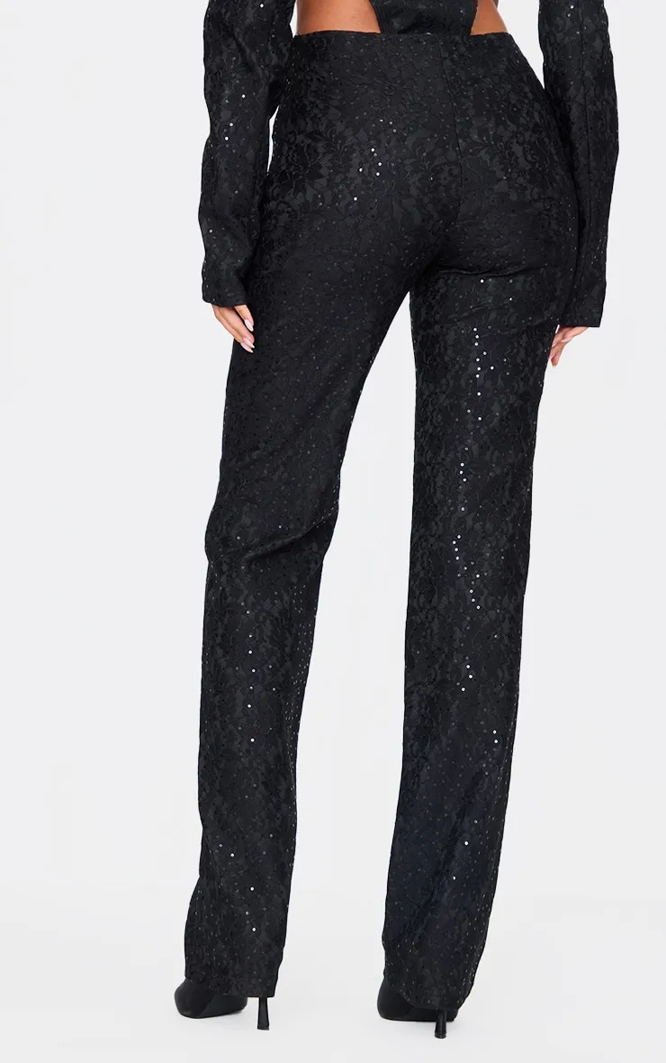 Tall Black Sequin Lace Straight Leg Trousers sold by Pretty Little Thing product image thumbnail 3