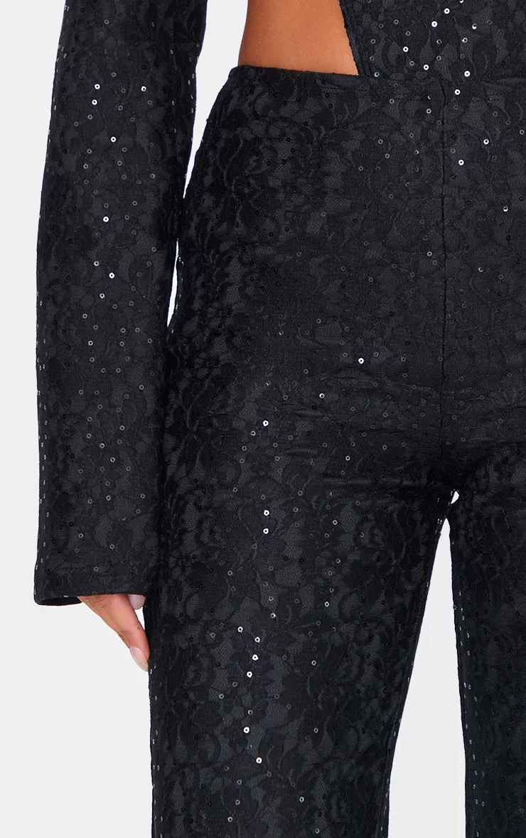 Tall Black Sequin Lace Straight Leg Trousers sold by Pretty Little Thing product image thumbnail 4