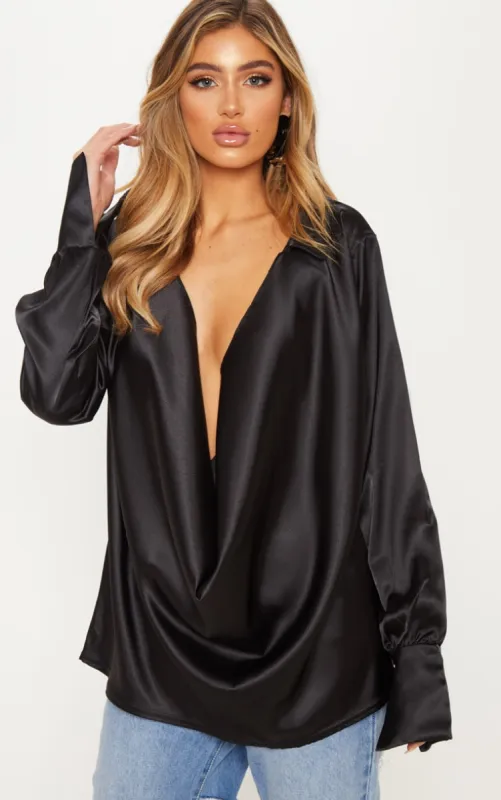 Black Extreme Cowl Longline Satin Shirt sold by Pretty Little Thing