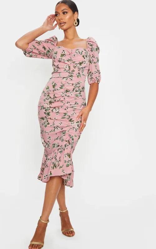 Dusty Pink Floral Ruched Front Frill Hem Midi Dress sold by Pretty Little Thing