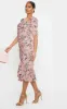 Dusty Pink Floral Ruched Front Frill Hem Midi Dress sold by Pretty Little Thing