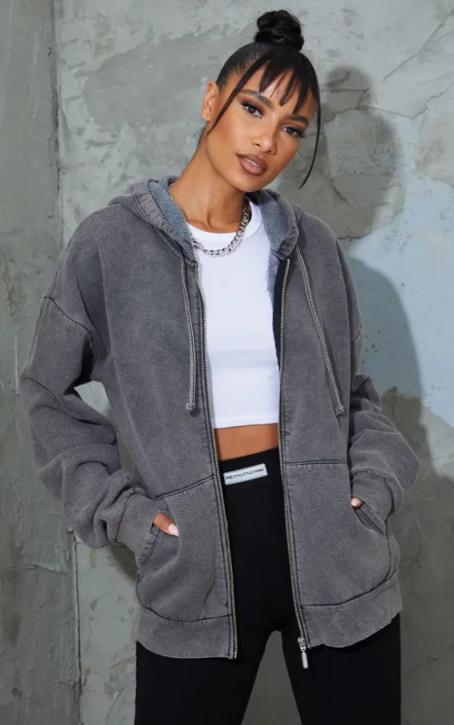 Charcoal Oversized Washed Zip Up Hoodie sold by Pretty Little Thing