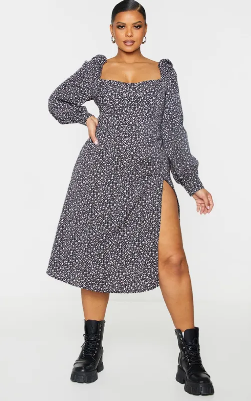 Plus Black Ditsy Floral Puff Sleeve Midi Dress sold by Pretty Little Thing