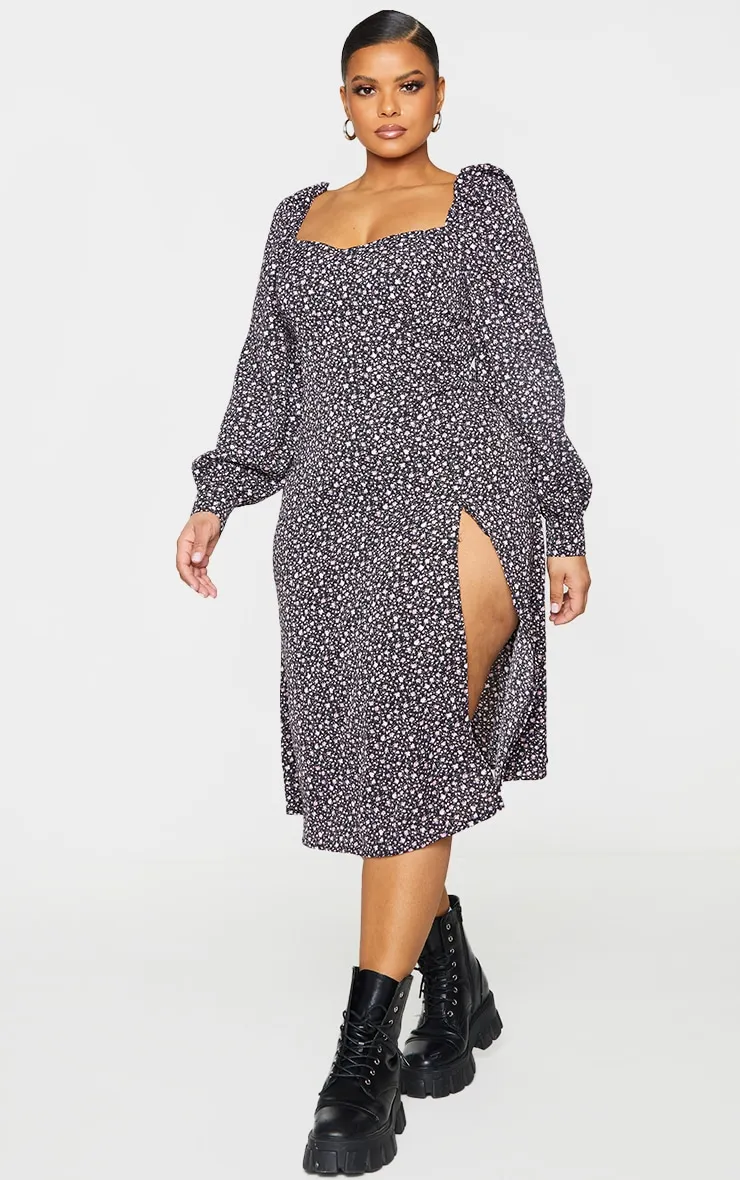 Plus Black Ditsy Floral Puff Sleeve Midi Dress sold by Pretty Little Thing product image thumbnail 3