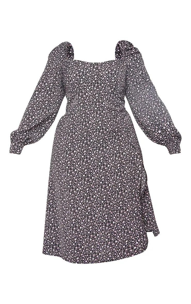 Plus Black Ditsy Floral Puff Sleeve Midi Dress sold by Pretty Little Thing product image thumbnail 5