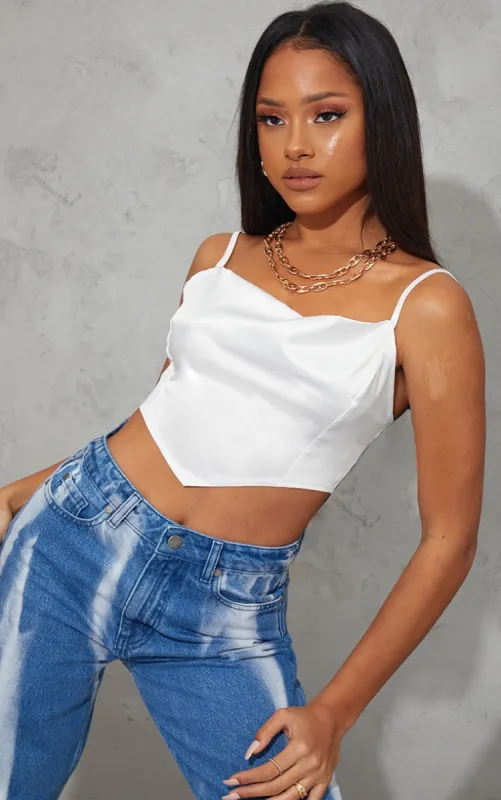 White Satin Cowl Neck Crop Top sold by Pretty Little Thing