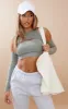 Khaki Rib Mix Overlay Cold Shoulder Crop Top sold by Pretty Little Thing