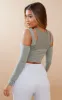 Khaki Rib Mix Overlay Cold Shoulder Crop Top sold by Pretty Little Thing