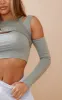 Khaki Rib Mix Overlay Cold Shoulder Crop Top sold by Pretty Little Thing