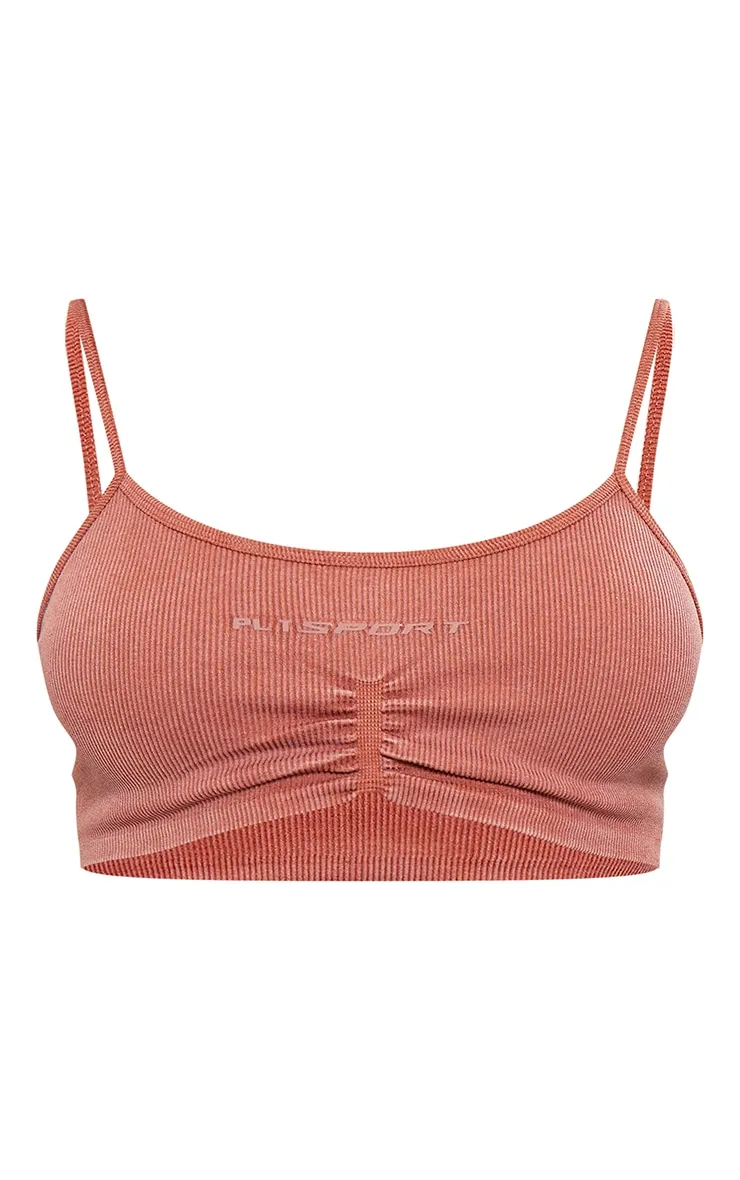 PLT SPORT Rust Acid Wash Seamless Rib Sports Bra sold by Pretty Little Thing product image thumbnail 5
