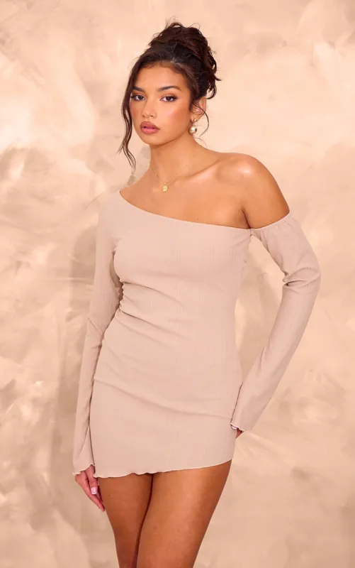 Taupe Textured Asymmetric One Sleeve Mini Dress sold by Pretty Little Thing