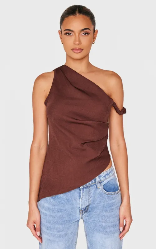 Chocolate Woven Asymmetric Hem Ruched Long Top sold by Pretty Little Thing