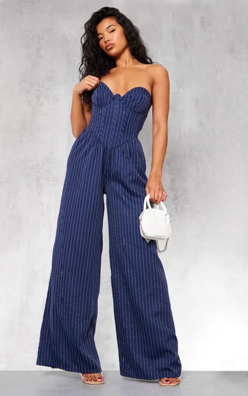 Navy Pinstripe Underwire Corset Detail Tailored Jumpsuit sold by Pretty Little Thing