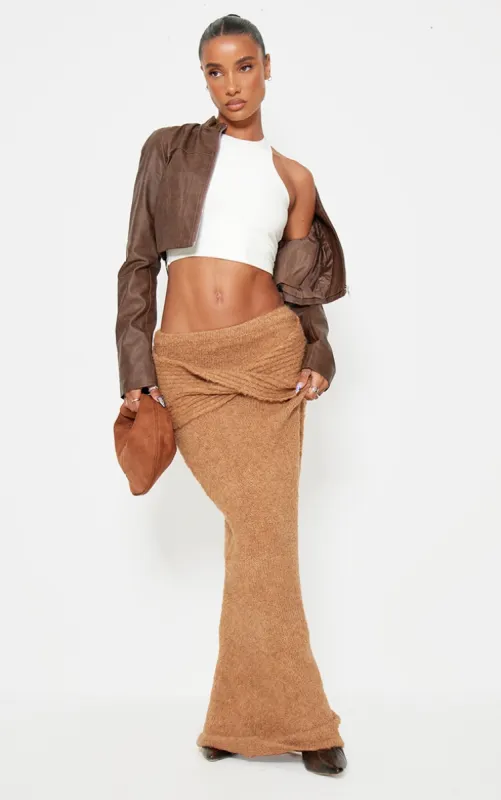 Mocha Soft Bobble Knit Foldover Maxi Skirt sold by Pretty Little Thing