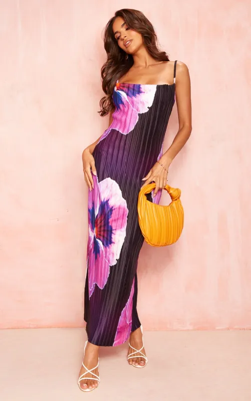 Purple Floral Print Plisse Cowl Neck Maxi Dress sold by Pretty Little Thing
