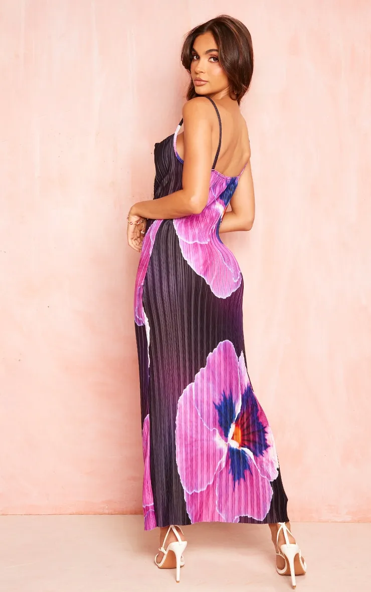 Purple Floral Print Plisse Cowl Neck Maxi Dress sold by Pretty Little Thing product image thumbnail 2
