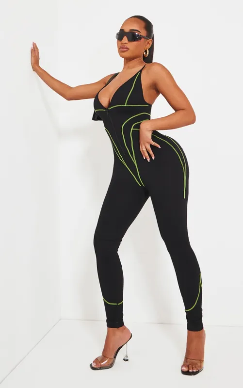Shape Black Branded Contrast Stitch Zip Detail Gym Jumpsuit sold by Pretty Little Thing