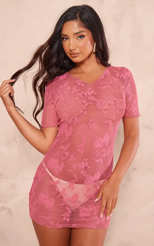 Petite Bright Pink Mesh Printed Mini Dress sold by Pretty Little Thing