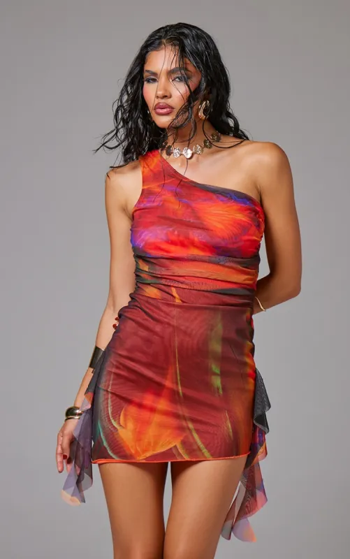 Deep Orange Abstract Print Mesh One Shoulder Bodycon Dress sold by Pretty Little Thing