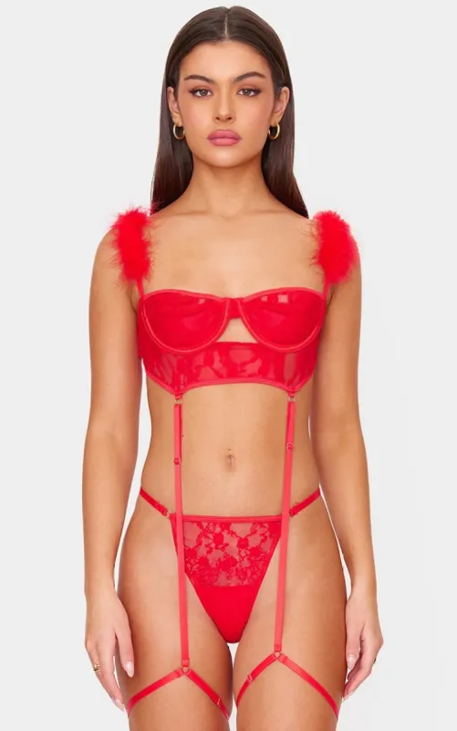 Red Lace Feather Trim Balconette Lingerie Set sold by Pretty Little Thing