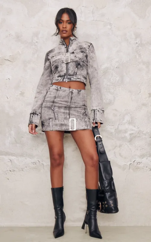 Tall Washed Grey Belt Detail Denim Mini Skirt sold by Pretty Little Thing