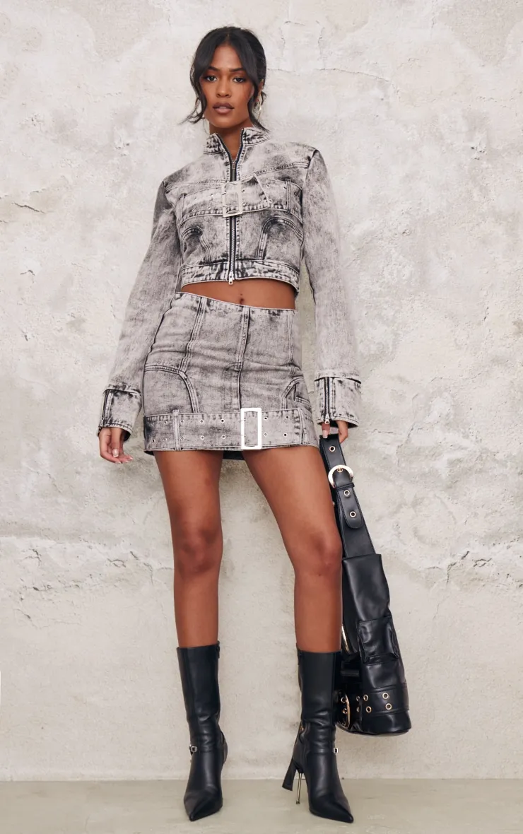 Tall Washed Grey Belt Detail Denim Mini Skirt sold by Pretty Little Thing