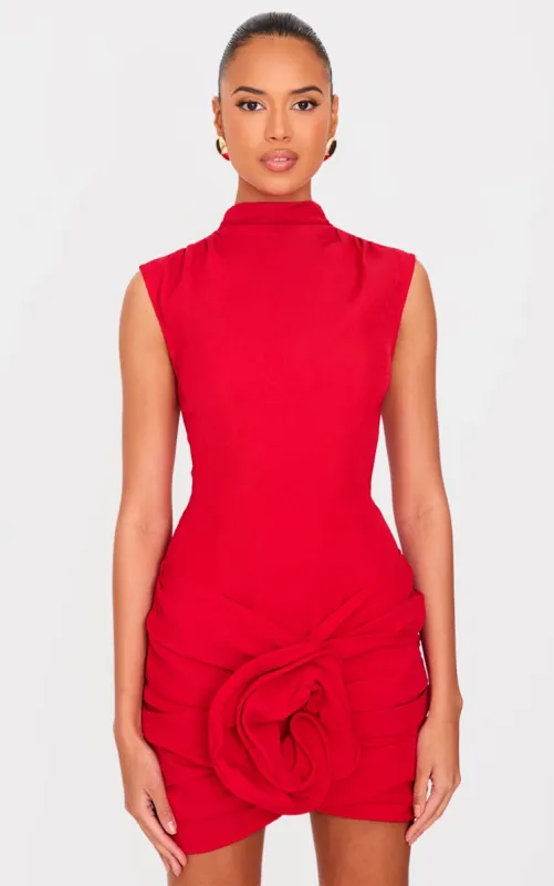 Red Woven High Neck Ruched Floral Mini Dress sold by Pretty Little Thing