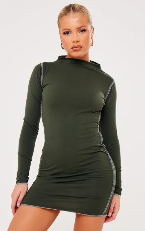 Khaki Cotton Contrast Seam Long Sleeve Bodycon Dress sold by Pretty Little Thing