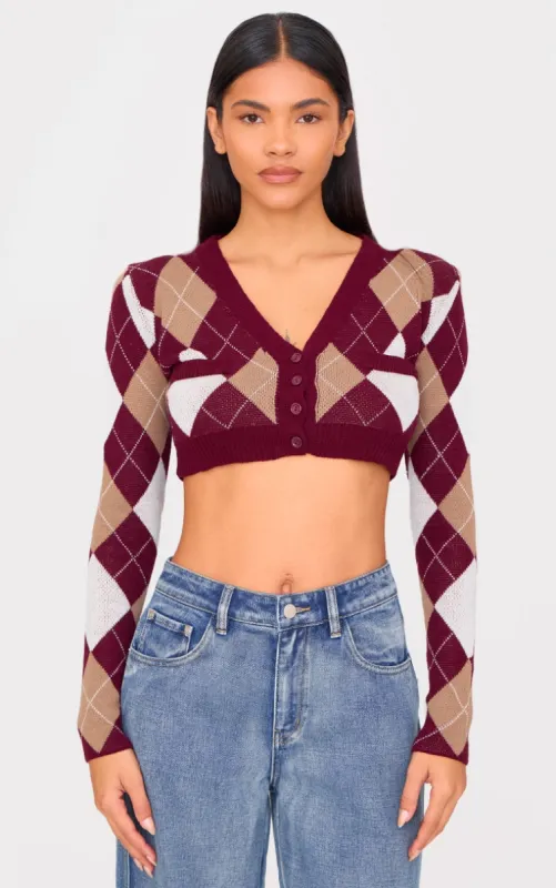 Burgundy Argyle Jacquard Knitted V Neck Cropped Cardigan sold by Pretty Little Thing