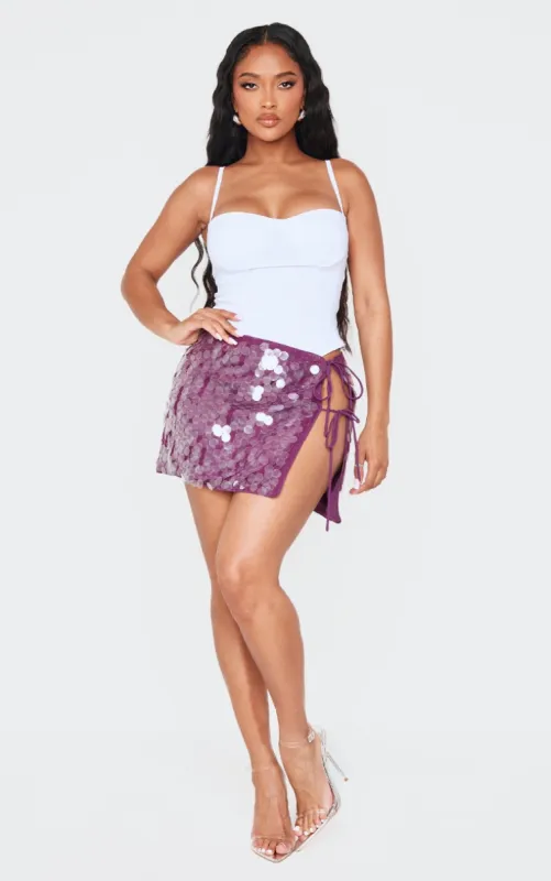 Shape Purple Sequin Tie Side Split Mini Skirt sold by Pretty Little Thing
