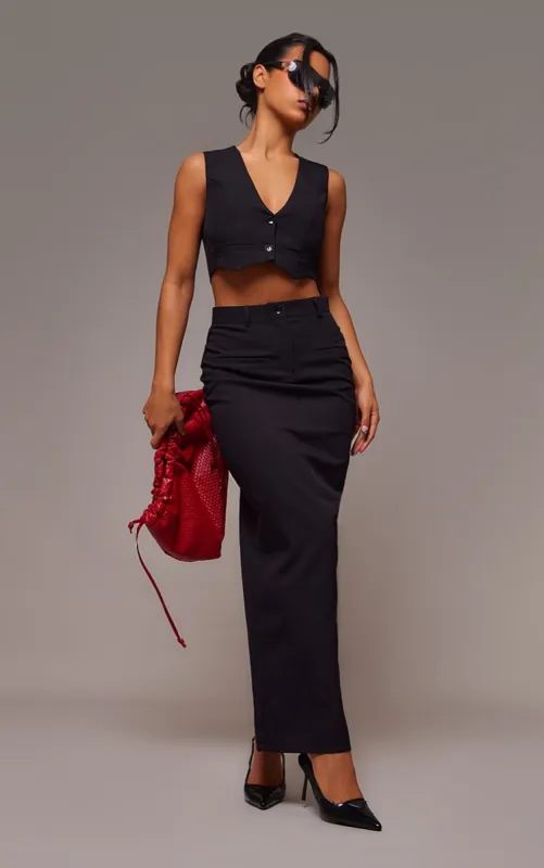 Black Tailored Seam Detail Back Pocket Maxi Skirt sold by Pretty Little Thing