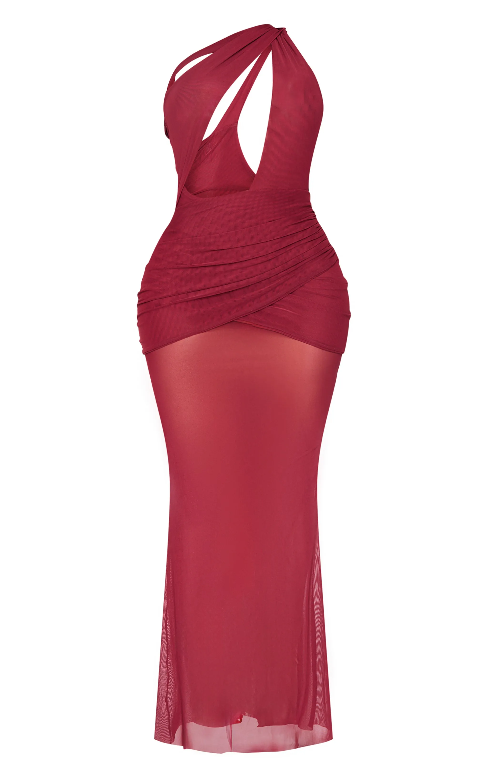 Shape Burgundy Mesh Insert Asymmetric Cut Out Maxi Dress sold by Pretty Little Thing product image thumbnail 5