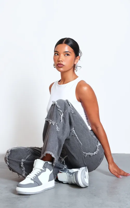 Grey And White PU Contrast Chunky Sole Hi Top Trainers sold by Pretty Little Thing