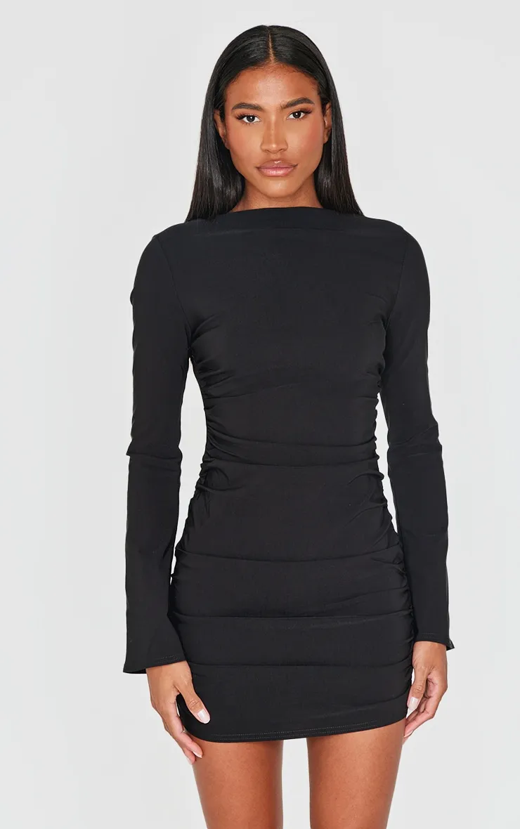 Black Bengaline Long Sleeve Ruched Bodycon Dress sold by Pretty Little Thing product image thumbnail 3
