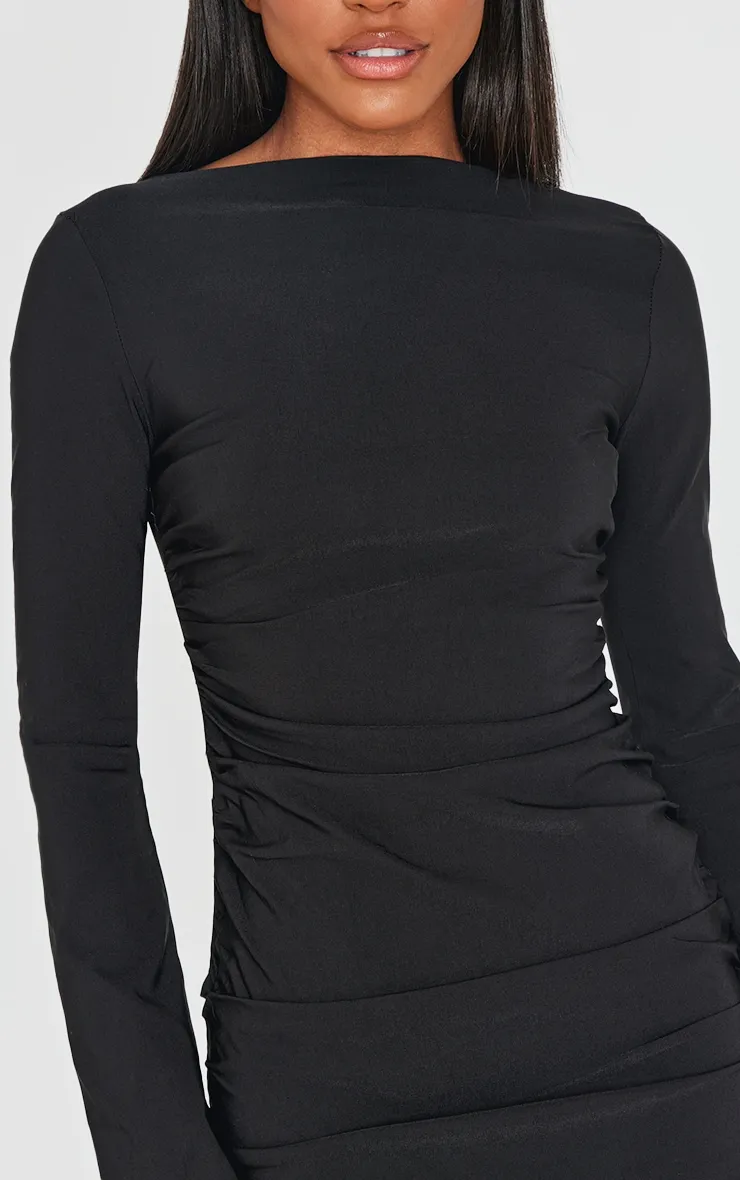 Black Bengaline Long Sleeve Ruched Bodycon Dress sold by Pretty Little Thing product image thumbnail 4