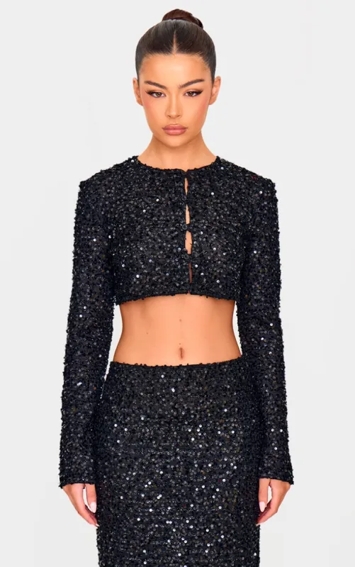 Black Sequin Long Sleeve Button Up Cardigan sold by Pretty Little Thing