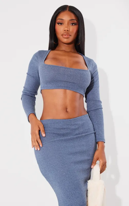 Shape Blue Rib Marl Scoop Neck Long Sleeve Crop Top sold by Pretty Little Thing