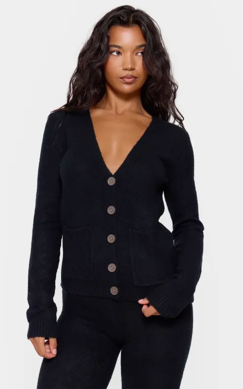 Black Basic Knit Button Up Cardigan sold by Pretty Little Thing